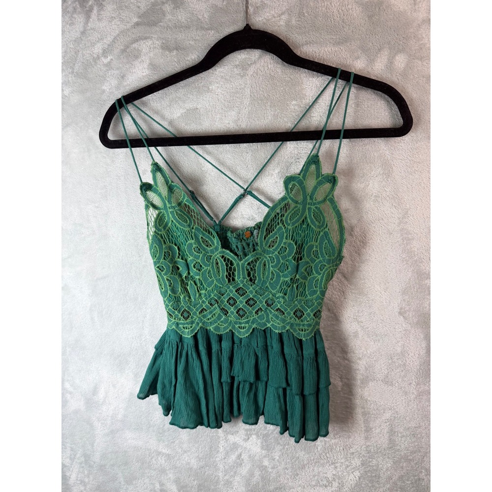 FREE PEOPLE Babydoll Adella Cami Women S Green Lace Crochet Ruffle Peplum Boho